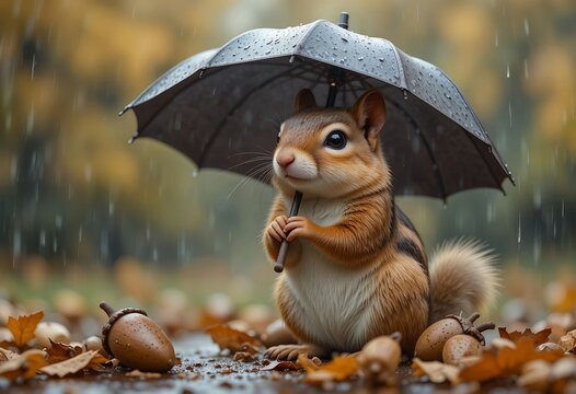 Cute chipmunk holding an umbrella with acorns around, detailed fur, soft rain, realistic autumn park setting.