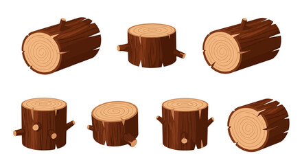 Diverse collection of stylized wooden logs and stumps for illustrative purposes and design assets