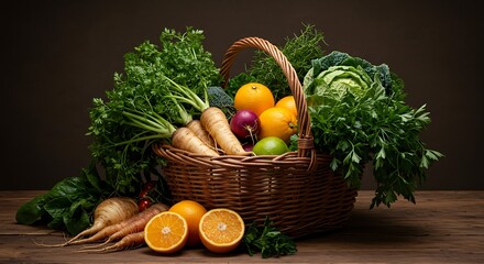 Basket full of fresh vegetables and fruits on wooden table