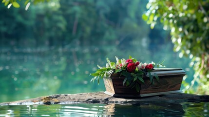 Peaceful Lakeside Scene with Wooden Coffin Adorned with Red Roses Surrounded by Lush Greenery and Water Reflection