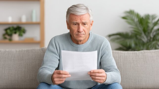 Senior man reading document with worried expression sitting on sofa at home, thoughtful mood, calm atmosphere, indoor lifestyle, natural light, personal reflection - Powered by Adobe