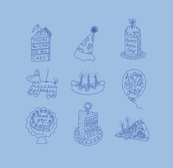 Birthday party elements with the inscription cake, hat, piñata, hot dog, balloon, pizza, dessert drawing on blue background.