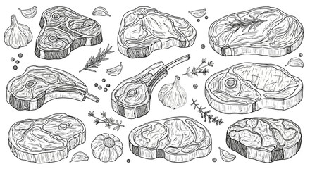 Variety of Detailed Steak Cuts with Herbs and Spices, Illustrated in Black and White