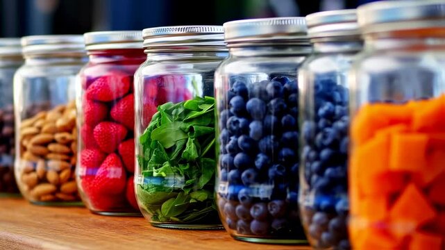 Rows of glass jars, filled with various ingredients like nuts, strawberries, spinach, blueberries, and cut orange pieces