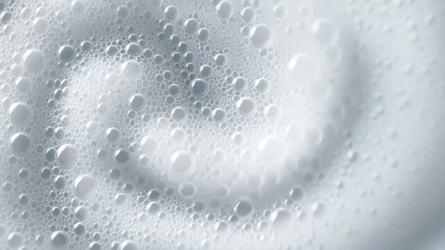 White soap foam rotates forming spiral pattern with bubbles spreading outward creating dynamic circular motion in cleaning hygiene concept with light blue background