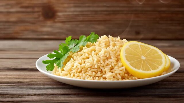Golden yellow couscous grain pile arranged on white ceramic plate garnished with fresh parsley leaves and bright lemon slice on rustic wooden table surface creating appetizing mediterranean meal prese