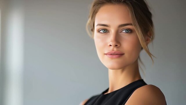 Young brunette woman with updo hairstyle wears elegant black sleeveless top standing confidently in bright minimalist interior space with soft natural lighting creating professional sophisticated port