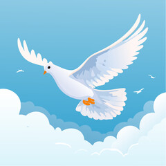 Obraz premium A dove flying gracefully across a clear blue sky with soft, glowing clouds in the backdrop.