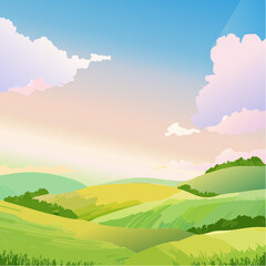 Obraz premium A gentle sunrise over rolling hills with diffused clouds and a soft glowing gradient sky.