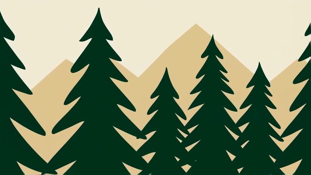 Stylized illustration of dark green evergreen trees in front of tan mountains and a beige sky