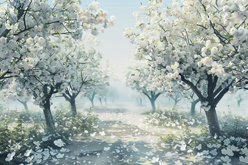 Serene path lined with blossoming trees, creating an ethereal landscape