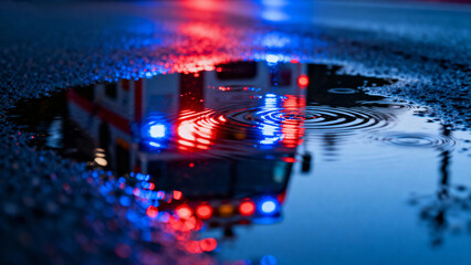 Abstract patterns of emergency vehicle lights reflecting on wet pavement, creating a dramatic visual effect. mobility guides, transit brochures, designed for transport & logistics marketing. 