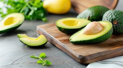 Fresh Avocado Halves with Seed on Wooden Cutting Board Surrounded by Herbs and Citrus Fruits