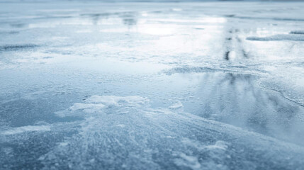 Obraz premium Serene frozen lake surface with ice patterns reflecting soft blue sky