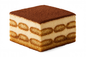 Tiramisu cake slice with ladyfingers and mascarpone cream, sprinkled cocoa powder, sweet italian dessert