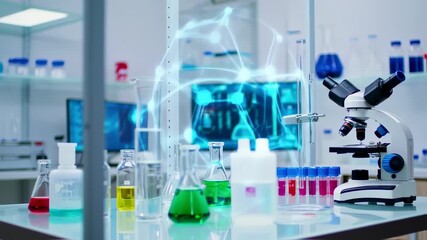 A laboratory filled with beakers, flasks, and a microscope, showcasing scientific research visually - Powered by Adobe