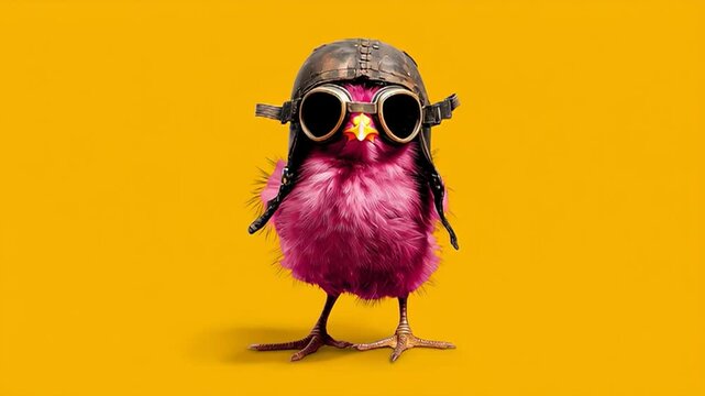 A pink chick wearing vintage aviator goggles and a pilot cap, standing against a flat yellow background, playfully flapping its wings, embodying a bold spirit of adventure and self-expression.