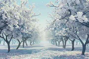 Serene white blossom tree avenue in dreamy pastel hues, ethereal beauty