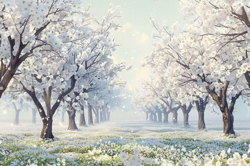 Serene grove of blossoming trees creating a soft and dreamlike atmosphere