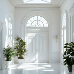 Bright luxury foyer with large arched windows and indoor plants