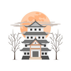 Minimal lineal color vector of a traditional Japanese house with soft tones and moon background, showcasing serene Asian architecture and cultural harmony.
