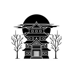 Silhouette vector of a traditional Japanese castle in black fill style, featuring layered roofs and strong symmetry, symbolizing Asian culture and timeless architecture.