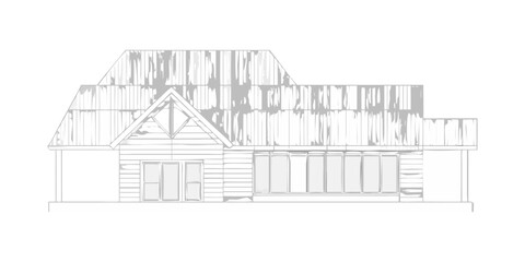 Modern architectural drawing of a single story house with large windows and gable roof