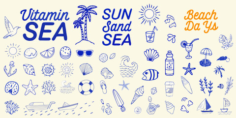 Vitamin sea sun sand sea beach days hand drawn doodle illustration collection