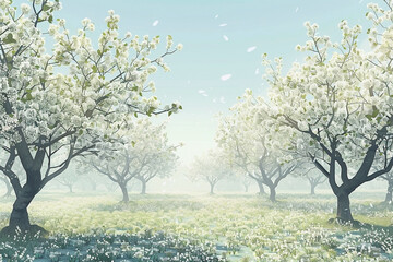 Enchanting spring blossoms adorn an orchard landscape under a gentle sky