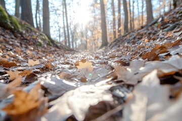 Autumn forest path with sunlight and fallen leaves in scenic landscape