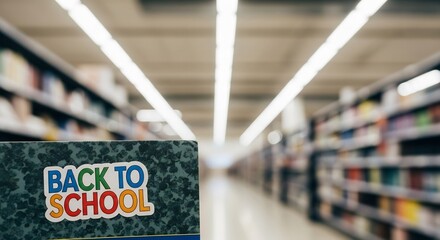 Fototapeta premium Back to school supplies aisle. Shopping for school equipment, notebooks, stationery, for students return. Education, school, childhood, knowledge, retail concept.