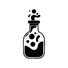 A bottle of bubbling potion with droplets coming out of the top, symbolizing magic or a scientific experiment.
