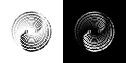 Dynamic abstract spiral sound wave rhythm lines. Circular spiral sound wave rhythm of lines. Circular futuristic abstract lines, black and white background.	