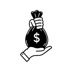 A hand holding a money bag with a dollar symbol indicating wealth or finance.
