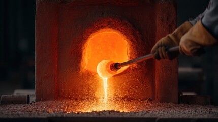 Molten metal poured from furnace by skilled artisan wearing protective gear in foundry, showcasing craftsmanship and industrial production techniques in operation.