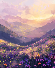 Tranquil valley vista with blossoming flora under a painted sunset atmosphere