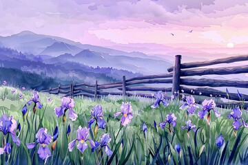 A serene watercolor landscape featuring iris flowers in a mountain setting