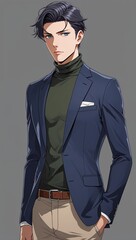 Fototapeta premium anime man in blazer and turtleneck semi formal outfit portrait character cartoon manga design illustration
