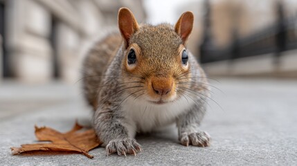 Obraz premium Close-Up View of a Curious Squirrel Investigating the Ground with a Dry Leaf in the Foreground on a Cobblestone Pathway