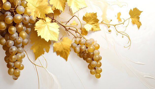 A stylized artwork depicts golden-hued grapes cascading down, accented by gold leaves and delicate, ethereal lines on a white backdrop