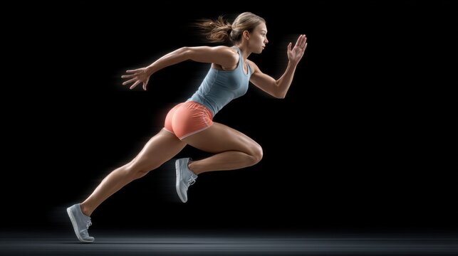 Dynamic Female Runner in Action Captured Against a Dark Background, Showcasing Strength, Speed, and Determination in a Sports Context