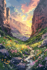 Serene Valley Vista: A Tranquil Landscape with Flowing Stream and Natural Beauty