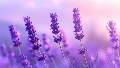 Naklejka premium Close-up of vibrant purple lavender flowers blooming in a sunlit field.