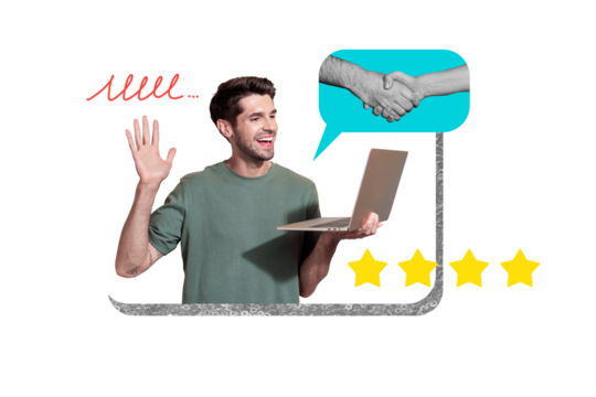 Composite photo collage of happy man freelancer wave hand handshake agreement gesture star rate best quality isolated on painted background