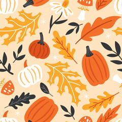 Seamless pattern for autumn season with pumpkin and fall leaves. Childish background for fabric, wrapping paper, textile, wallpaper and apparel. Vector illustration