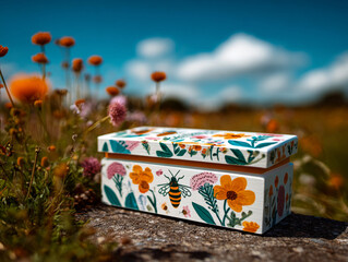 A colorful wooden box with a floral and insect design, sitting on the ground amidst wildflowers under a blue sky