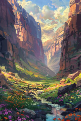 Majestic canyon landscape with vibrant floral details and serene stream imagery