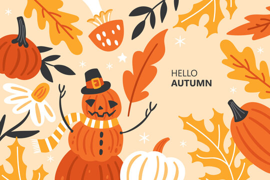 Autumn frame border banner design with cute pumpkin and fall leaves. Childish print for cards, poster and background