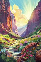 Vibrant canyon landscape with blooming wildflowers and a serene flowing river