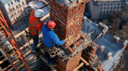Construction Workers on Scaffold Building Brick Chimney at Construction Site Overhead View